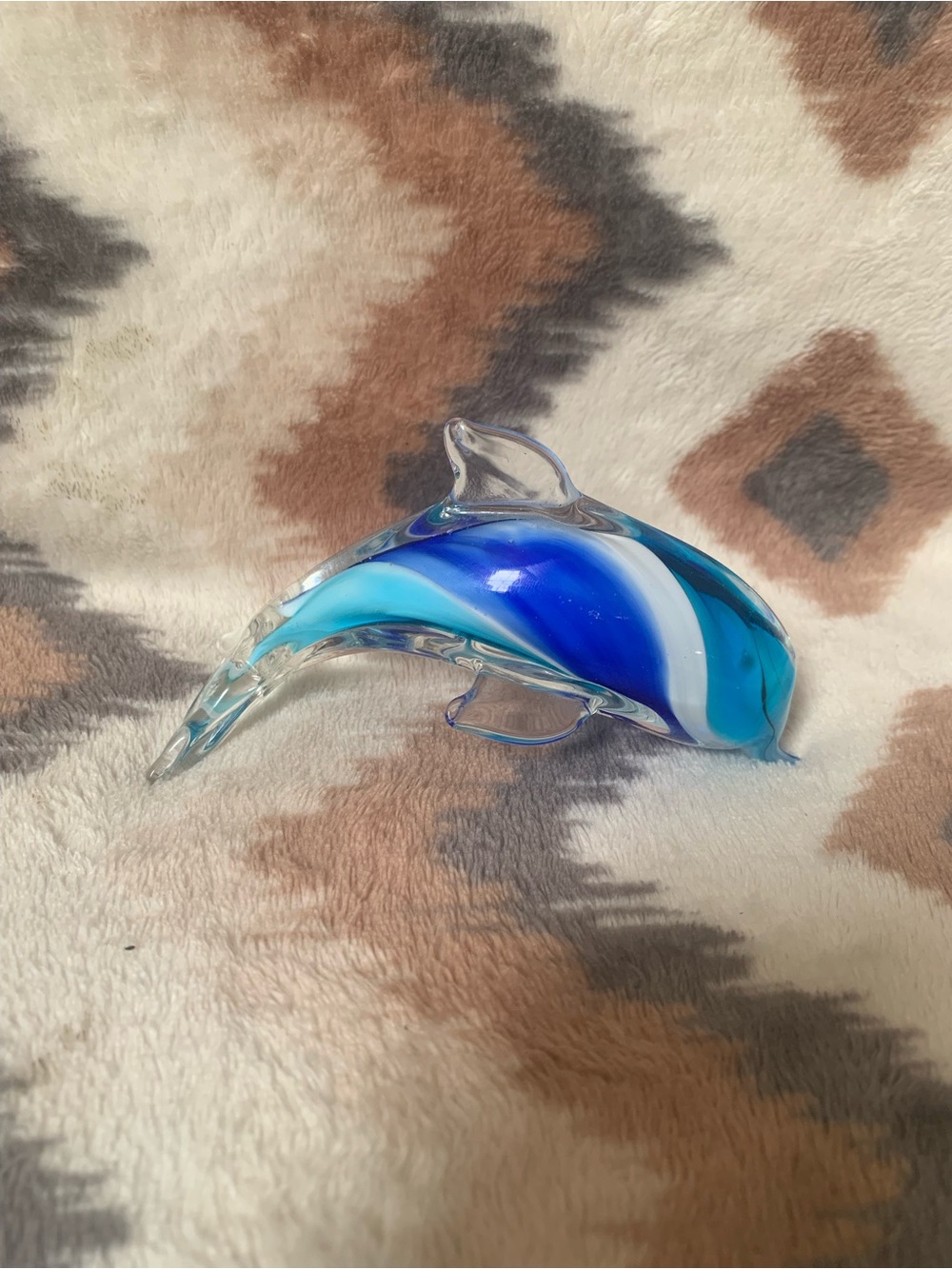 Murano Style Art Glass Dolphin Figurine Paperweight Blue White 5”